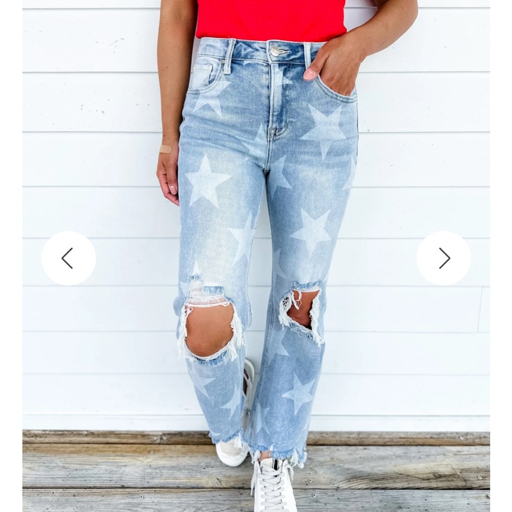 Risen High Rise Light Wash Star Printed Straight Crop Jeans